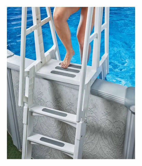 Person stepping onto pool ladder with Grippy Anti Slip Tape For Wet Areas 2 Inch By 15 Feet Clear Self Adhesive Backing