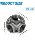 1/2 Inch 5-Way Side Outlet Tee Black Malleable Iron Pipe Fitting, dimensions shown, suitable for industrial pipe and furniture projects