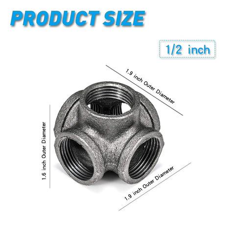 1/2 Inch 5-Way Side Outlet Tee Black Malleable Iron Pipe Fitting, dimensions shown, suitable for industrial pipe and furniture projects