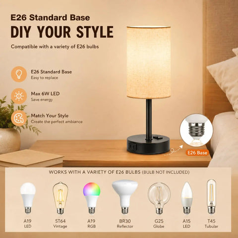 Set Of 2 Bedside Table Lamps For Bedroom And Living Room With 3 Way Dimmable Rocker Switch And Built In AC Outlet Flaxen Fabric Shade Black Base Nightstand And Desk Lamp For Cozy Home Decor showcasing E26 bulb compatibility and black base on a wooden table.