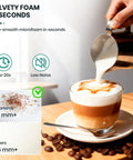 Handheld Rechargeable Milk Frother Wand With Detachable 3 Stainless Whisks creating foam for cappuccino with quick froth in 15 to 20 seconds.