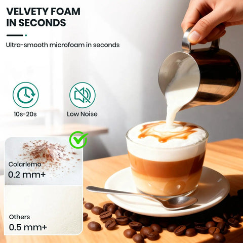 Handheld Rechargeable Milk Frother Wand With Detachable 3 Stainless Whisks creating foam for cappuccino with quick froth in 15 to 20 seconds.