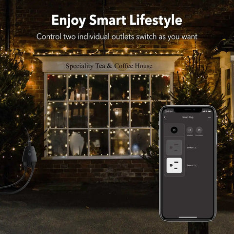 Dual Grounded Outlets Outdoor Smart WiFi Plug With Heavy Duty Timer, Control Lights And Gear From Anywhere Via App, Works With Alexa And Google Home, 2.4GHz Network Only, ETL Listed, 1 Pack shown with app control on a smartphone outdoors at night.
