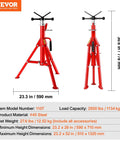 Front view of red VEVOR pipe jack stand with adjustable height, folding legs and wide base for stability.