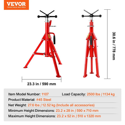 Front view of red VEVOR pipe jack stand with adjustable height, folding legs and wide base for stability.