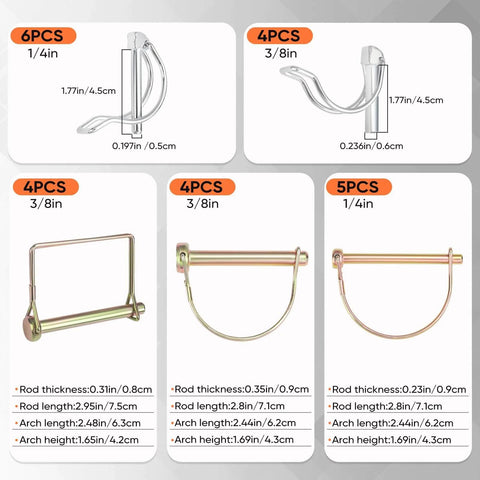 Rugged Hitch Pin And Trailer Pin Assortment Kit For Trailers Tractors Trucks Tow Jobs And Farm Equipment With Cotter Pins Lynch Pins Straight Pins Square Pins Arch Pins And Tube Pins For Heavy Duty Use displayed with sizes and dimensions.