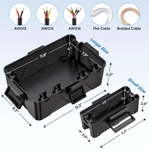 Diagram of IP54 Splash Proof Outdoor Electrical Box Cover For Power Strips And Holiday Lights showing large and small sizes, black