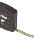 Side view of Pee Wee One Quarter Inch By Ten Foot Yellow Clad Pocket Tape Measure W6110 with extended green blade