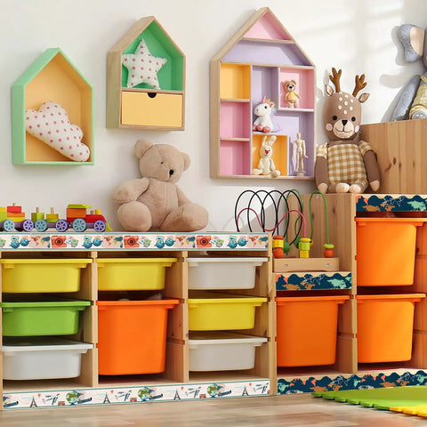 Colorful children's room storage with Travel World Map Bulletin Board Borders 70.8Ft Set Of 72 Pieces In Four Designs for decor.