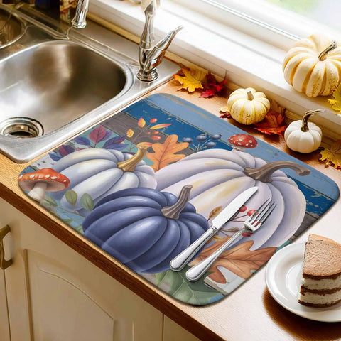 Fall Thanksgiving Dish Drying Mat 16 X 18 Inches Purple Pumpkin Leaves Wood Grain Design on kitchen counter