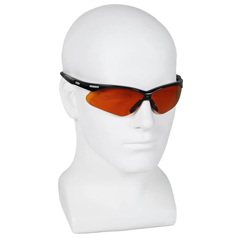 Top Tier Daily Grind Gear Heavy Duty Safety Glasses Featuring Copper Blue Shield Lenses Styled With Durable Black Frames a side view of safety glasses on a mannequin head.