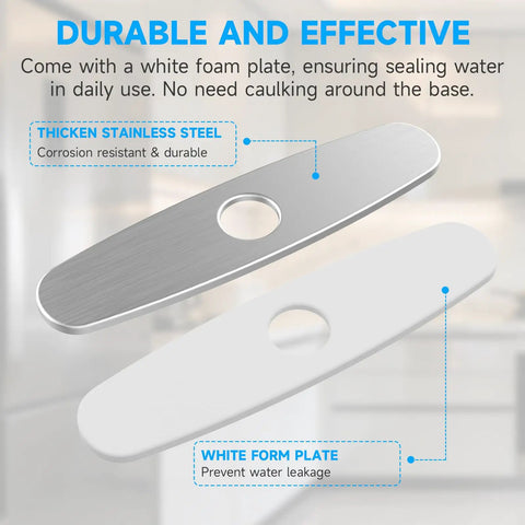 10 Inch Brushed Nickel Kitchen Faucet Deck Plate Cover Easily Fits Three Hole Sinks To Hide Unused Mounting Openings And Smooth Over Patchy Vanities For That Clean Tight Look Every American Home Deserves showing stainless steel deck plate and white foam plate.