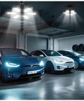 8 Pack Ultra Bright 120W LED Garage Light Bulbs, 12000 Lumens, 6500K Daylight illuminating a garage with parked cars