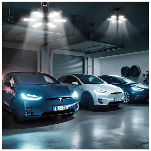 8 Pack Ultra Bright 120W LED Garage Light Bulbs, 12000 Lumens, 6500K Daylight illuminating a garage with parked cars