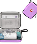 Purple Klawdsky portable nebulizer case; open view shows nebulizer with tubing and accessories, mesh pocket.