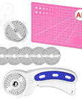 45mm Rotary Cutter Set With Five Replacement Blades And An A5 Cutting Mat For Fabric Crafting And Sewing The Go To For Patchworking Quilting And Multi Layer Cutting Durable Sharp And Easy To Use showing rotary cutter, blades, and cutting mat.