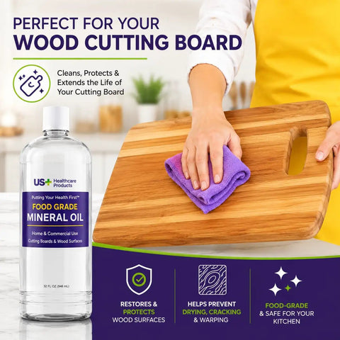 Person applying 32oz Food Grade Mineral Oil For Cutting Boards And Wood Surfaces No Fuss Restores Protects And Seals Butcher Blocks.