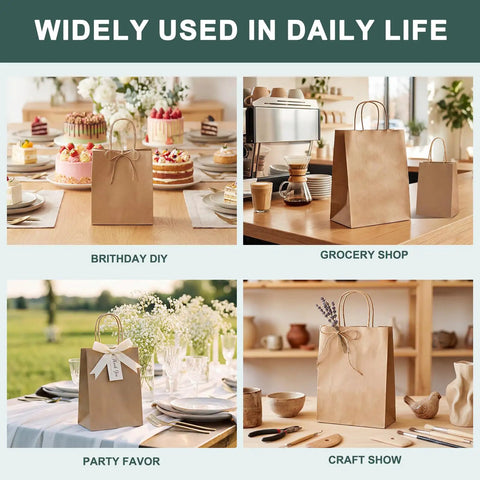 Small Brown Kraft Gift Bags With Handles Five And A Quarter By Three And Three Quarter By Eight Inches 50 Pcs Heavy Duty 100 GSM Kraft Paper Great For Small Biz Gift Wrapping Party Favors Birthday Bags Shopping Made In USA displayed in various settings - birthday party, grocery shop, outdoor event, craft show.