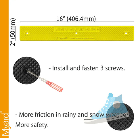 Stair Treads 16x2 Inch With Screws Down Strip For Safety On Wet Slippery Stairs Non Slip Foot Grip Antislip Slip Resistant Decks And Stairs Yellow 50 Count showing installation instructions with screws