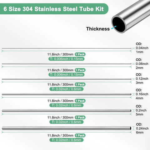Front view: six-piece 304 stainless steel tube kit, 300mm tubes, OD 1–6mm, wall 0.15–0.6mm.