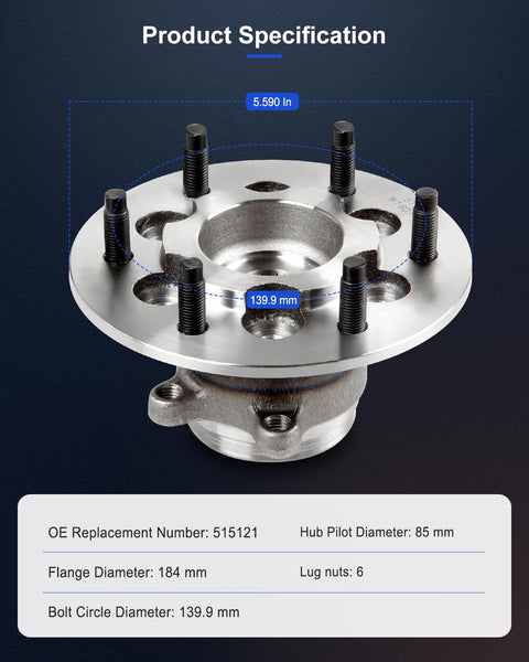 Front Wheel Bearing And Hub Assembly For 2009 2012 Chevrolet Colorado And GMC Canyon 6 Lug 515121 Direct Fit OE Quality 4x4 Models Only Dropin Replacement With OEM Grade Materials And Accurate ABS Sensor Readings, showing top view of the assembly with specification details.