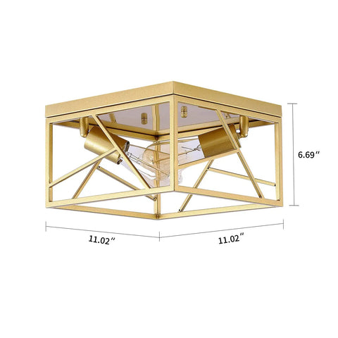 Two Light Modern Gold Flush Mount Ceiling Fixture With Metal Square Design Semi Flush Mount Lighting, dimensions shown