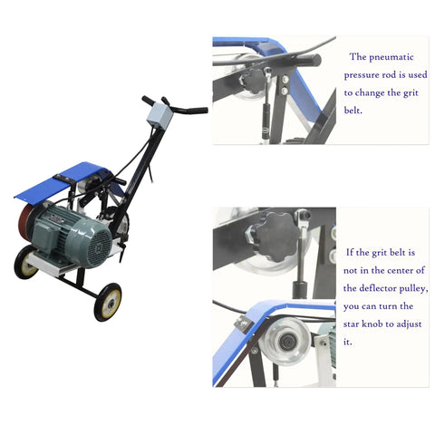 Portable Belt Sander And Abrasive Grinder On Rolling Frame For Rust Removal And Wood Projects Features Killer 4000W Motor and simple handle controls.