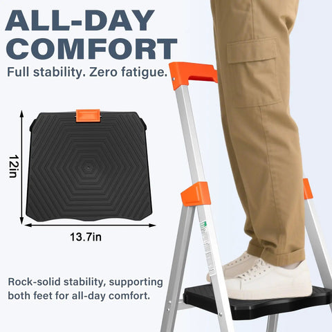 Two Step Ladder With XL Platform For A Rock Solid Stand, Aluminum Lightweight Folding Stool, 330 Lb Weight Rating, No Assembly Required, Large Anti Slip Feet, Easy Fold Design For Home, Garage, Or Office, 12 x 13.7 in platform