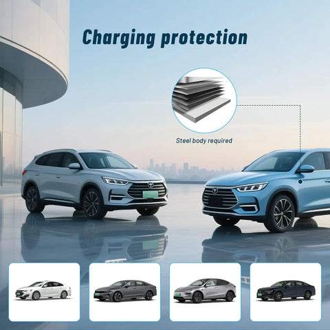 Heavy Duty Magnetic EV Charger Port Cover Waterproof Seal For Steel Electric Vehicles shown on two SUVs with steel bodies.