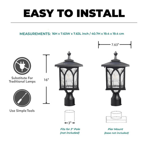 Solar Post Light Outdoor Cast Aluminum LED Lamp Fixture with measurements for easy installation.