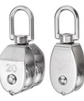 M20 Heavy-Duty Pulley Block 2 Pack With Single And Double Wheel Stainless Steel Swivel Rigging Lifting Wheel Fixed Pulley For Crane Hoist Towing Wire Rope 75kg Capacity, displayed on a white background.