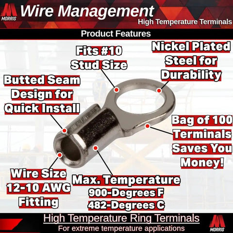 High Temp Ring Terminals 12 To 10 Wire Size Number 10 Stud Nickel Plated Steel Heavy Duty Electrical Connectors For HVAC Pro Grade Industrial Kilns Space Heaters Ovens And Fryers Pack Of 100 shown with features displayed