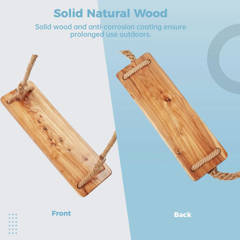 Front and back view of elm wood seat of Heavy Duty Wooden Tree Swing For Adults And Kids, 500 Lb Load Capacity, 118 Inch Adjustable Hemp Rope Straps