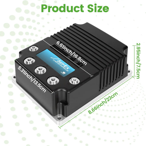 Professional Grade Heavy Duty 48V 400A Golf Cart Solid State Speed Controller dimensions shown with measurement labels.