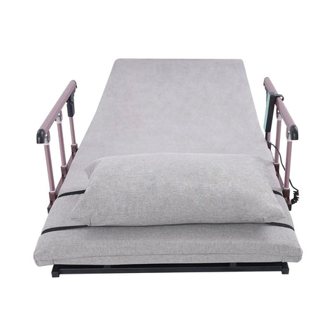 Heavy Duty Electric Lifting Bed Backrest With Guardrail, 2-80 Degree Adjustable Recline Support For Seniors And Patients, Removable Cushion, Sturdy Carbon Steel Frame, Gray view from front with cushion.