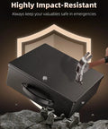 Heavy Duty Fireproof Document Box With Lock And Handle shown with hammer impact resistance, rocky background, and protective shield.