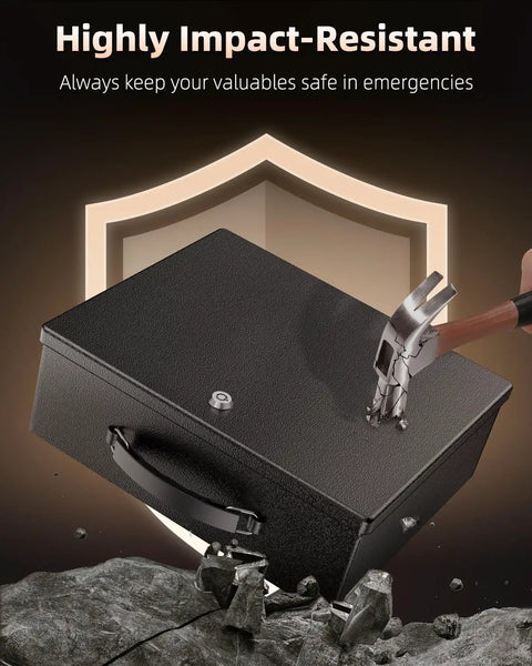 Heavy Duty Fireproof Document Box With Lock And Handle shown with hammer impact resistance, rocky background, and protective shield.