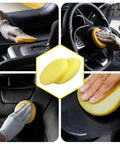 Pro Grade Foam Car Wax Applicator Pad Set 4 Inch Round Detailing Sponges High Density Foam Debris Free Durable Rebound Perfect For Wax Polish Sealant And Ceramic Coatings 24 Pack Yellow shown in car detailing use