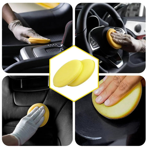 Pro Grade Foam Car Wax Applicator Pad Set 4 Inch Round Detailing Sponges High Density Foam Debris Free Durable Rebound Perfect For Wax Polish Sealant And Ceramic Coatings 24 Pack Yellow shown in car detailing use