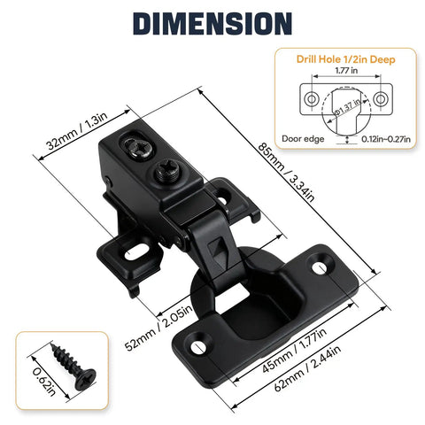 10 Pack Half Overlay Soft Close Cabinet Hinges Constructed From Durable Stainless Steel featuring dimensions and black mounting hardware.