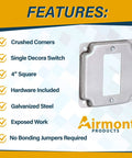 1 Gang Rocker Switch Electrical Box Cover, 4 Inch Square, Half Inch Raised, Galvanized Steel, Surface Mount Junction Box Cover for Exposed Wiring