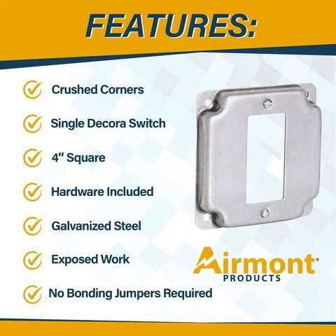 1 Gang Rocker Switch Electrical Box Cover, 4 Inch Square, Half Inch Raised, Galvanized Steel, Surface Mount Junction Box Cover for Exposed Wiring