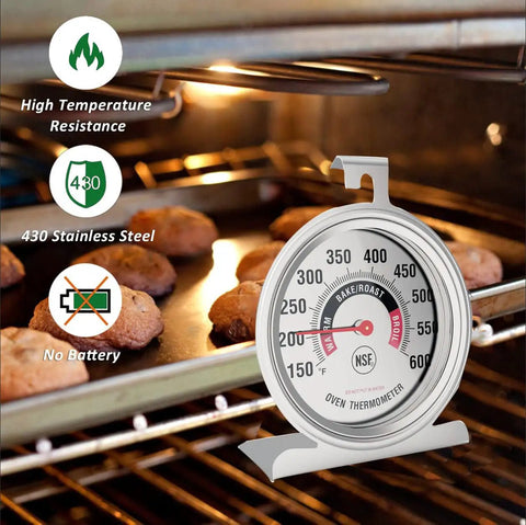 Big 3.5 Inch Oven Thermometer for Gas and Electric Ovens with Heavy Duty Hanger in oven beside baking cookies