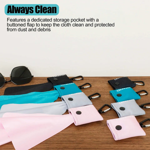 Assorted solid-color microfiber eyeglasses cleaning cloths with carabiner clips; pink, gray, blue, teal, black
