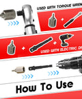Infographic showing usage of Left Hand Drill Bit And Screw Extractor Set 22 Pcs with torque wrench and electric drill.