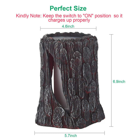 Single solar powered outdoor torch light in resin stump design, copper finish, 6.9 inches tall, for garden decor.