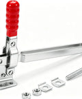 Pro Grade Vertical Toggle Clamp Featuring A Quick Release Lever And Unmatched 400 Lbs Holding Capacity For Rock Solid Workshop Clamping And No Sweat Assembly Jobs, showing silver clamp with red handle and assembly parts.