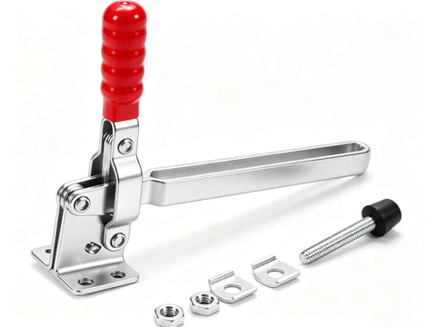 Pro Grade Vertical Toggle Clamp Featuring A Quick Release Lever And Unmatched 400 Lbs Holding Capacity For Rock Solid Workshop Clamping And No Sweat Assembly Jobs, showing silver clamp with red handle and assembly parts.
