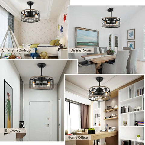 Small 18 Inch Caged Ceiling Fan With Lights And Remote Control Industrial Rustic Farmhouse Enclosed Bladeless Ceiling Fan in various rooms