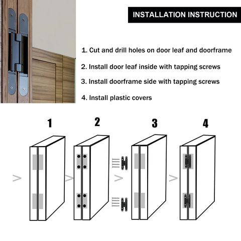 Installation steps for Two Pack 6 Inch Hidden Door Hinges Zinc Alloy Heavy Duty Concealed Hinge 180 Degree Swing 3 Way Adjustable Butt Hinge Black